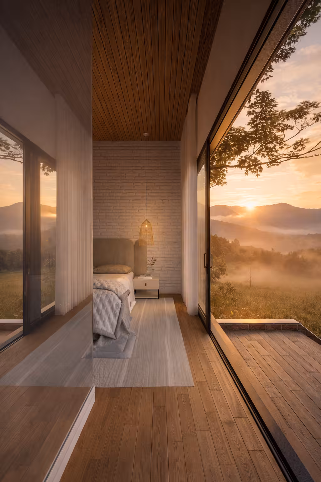 Quarto de chalé com cama em lençóis claros, cabeceira em tijolinho branco, piso amadeirado e atmosfera acolhedora.